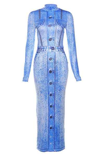 Blue Denim Print Long Sleeves Full Length Fitted Dress