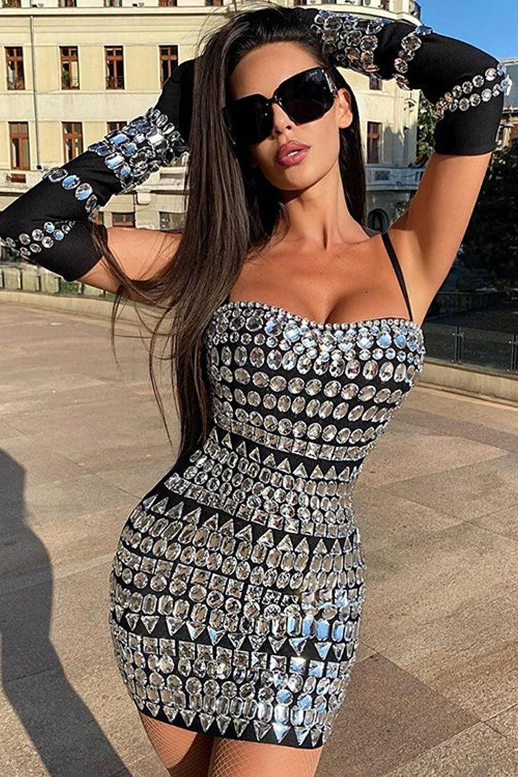 Black Rhinestone Gem Printed Sleeveless Fitted Sexy Party Dress - AMIClubwear