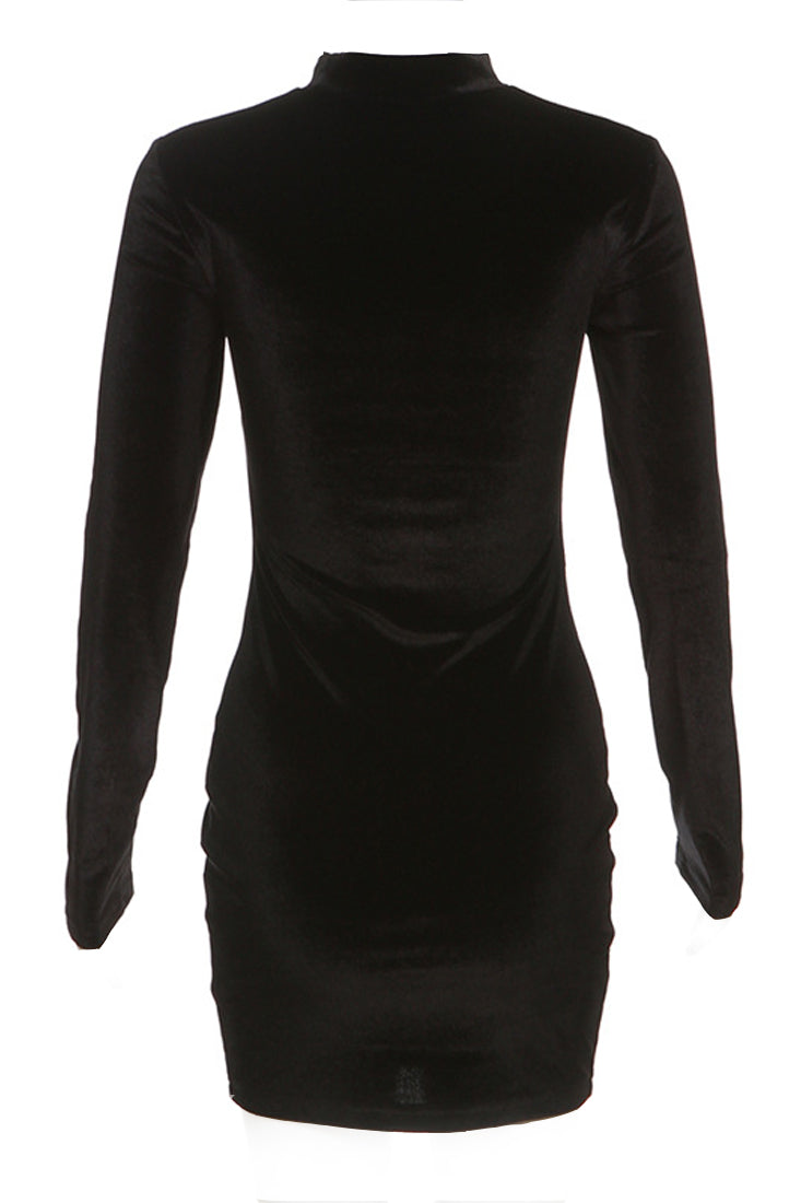 Black Velvet Mesh Cut-Out Long Sleeve Sexy Mini Party Dress