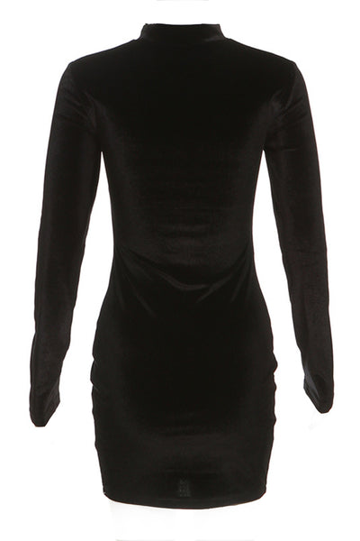 Black Velvet Mesh Cut-Out Long Sleeve Sexy Mini Party Dress