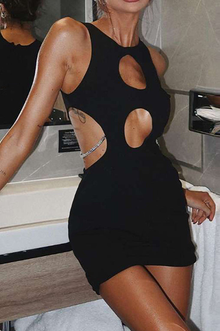 Black Cut-Out Rhinestone Chain Sexy Fitted Dress