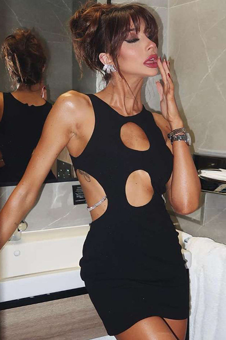 Black Cut-Out Rhinestone Chain Sexy Fitted Dress