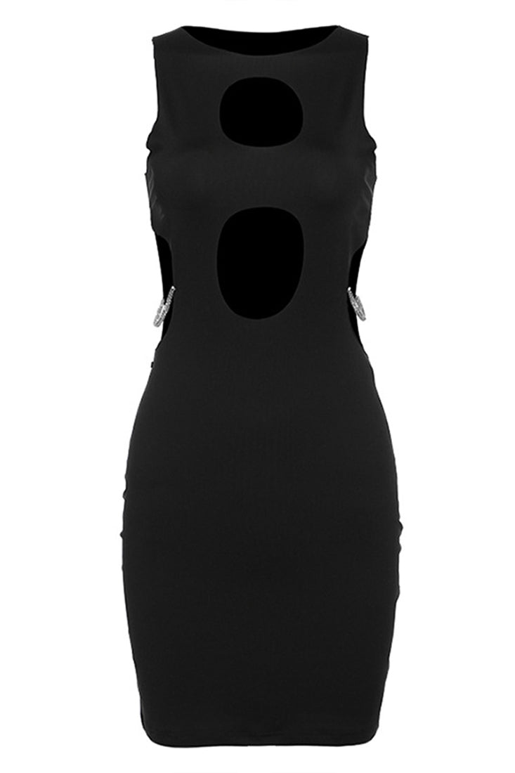 Black Cut-Out Rhinestone Chain Sexy Fitted Dress