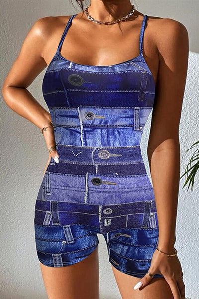 Blue Denim Printed Sexy Fitted Spaghetti Strap Romper