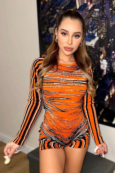 Orange Printed Long Sleeves Back Zipper Fitted Sexy Romper - AMIClubwear