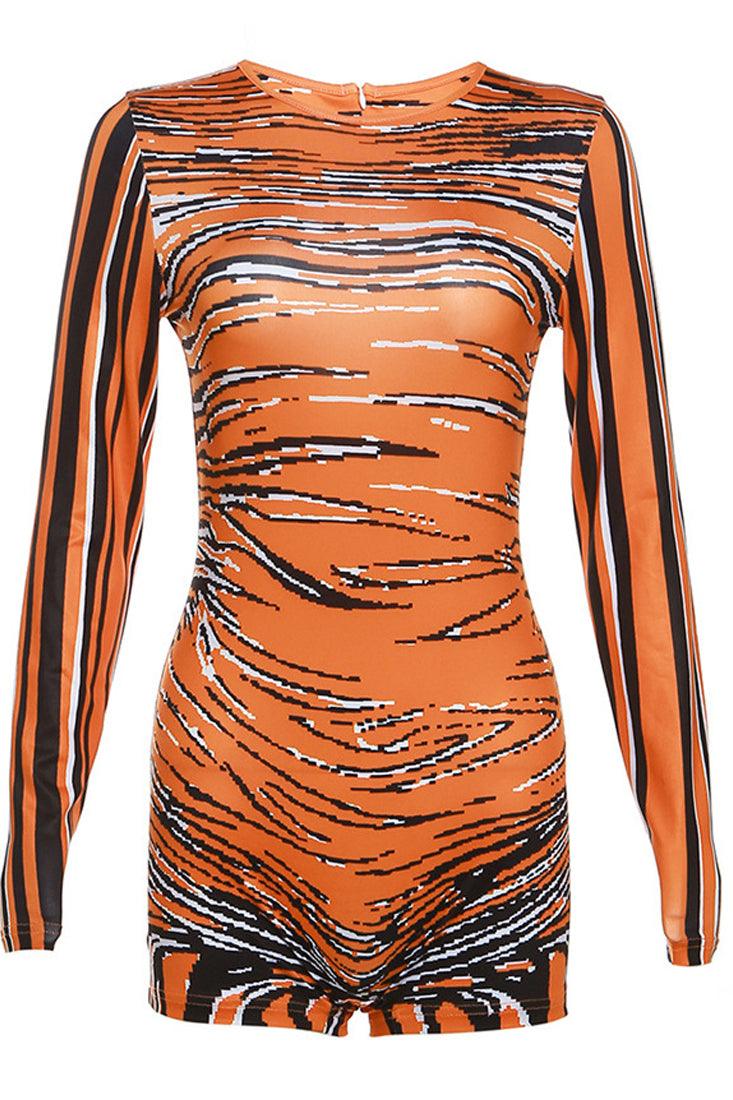 Orange Printed Long Sleeves Back Zipper Fitted Sexy Romper - AMIClubwear