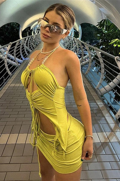 Yellow Draw String Cut-Out Halter Top Skirt 2Pc Sexy Dress Outfit