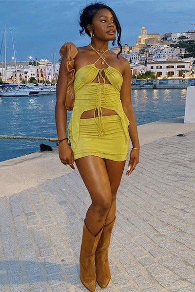 Yellow Draw String Cut-Out Halter Top Skirt 2Pc Sexy Dress Outfit - AMIClubwear