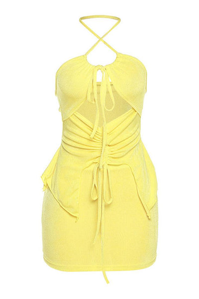 Yellow Draw String Cut-Out Halter Top Skirt 2Pc Sexy Dress Outfit