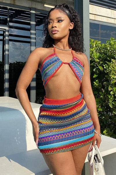 Red Multi Aztec Crochet Two Piece Halter Dress Outfit - AMIClubwear