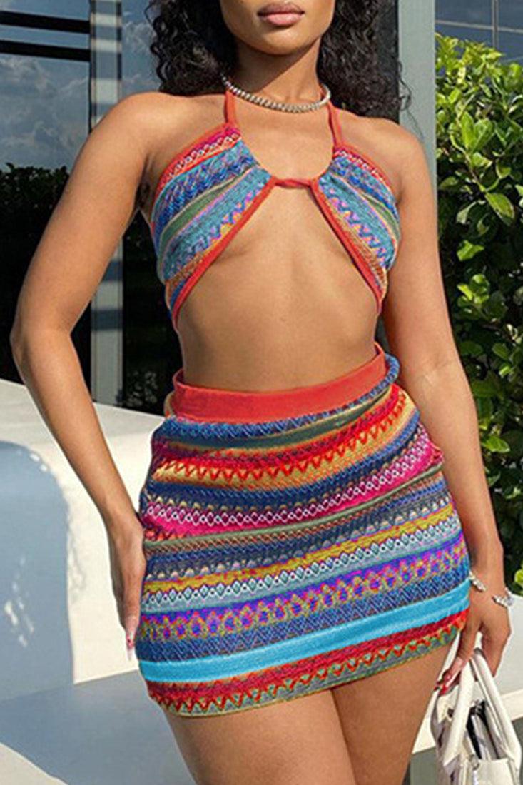 Red Multi Aztec Crochet Two Piece Halter Dress Outfit - AMIClubwear