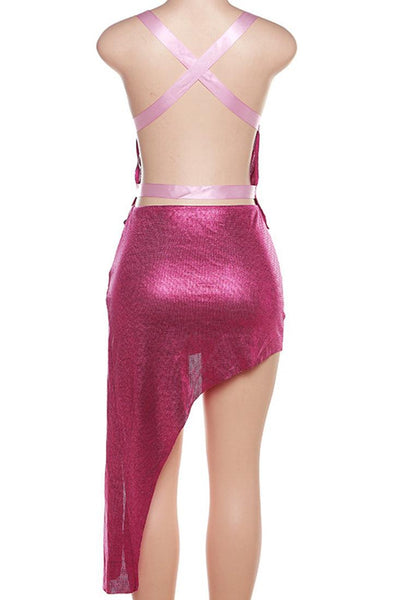 Hot Pink Metallic Halter Ribbon Tie Asymmetrical Sexy Party Dress - AMIClubwear