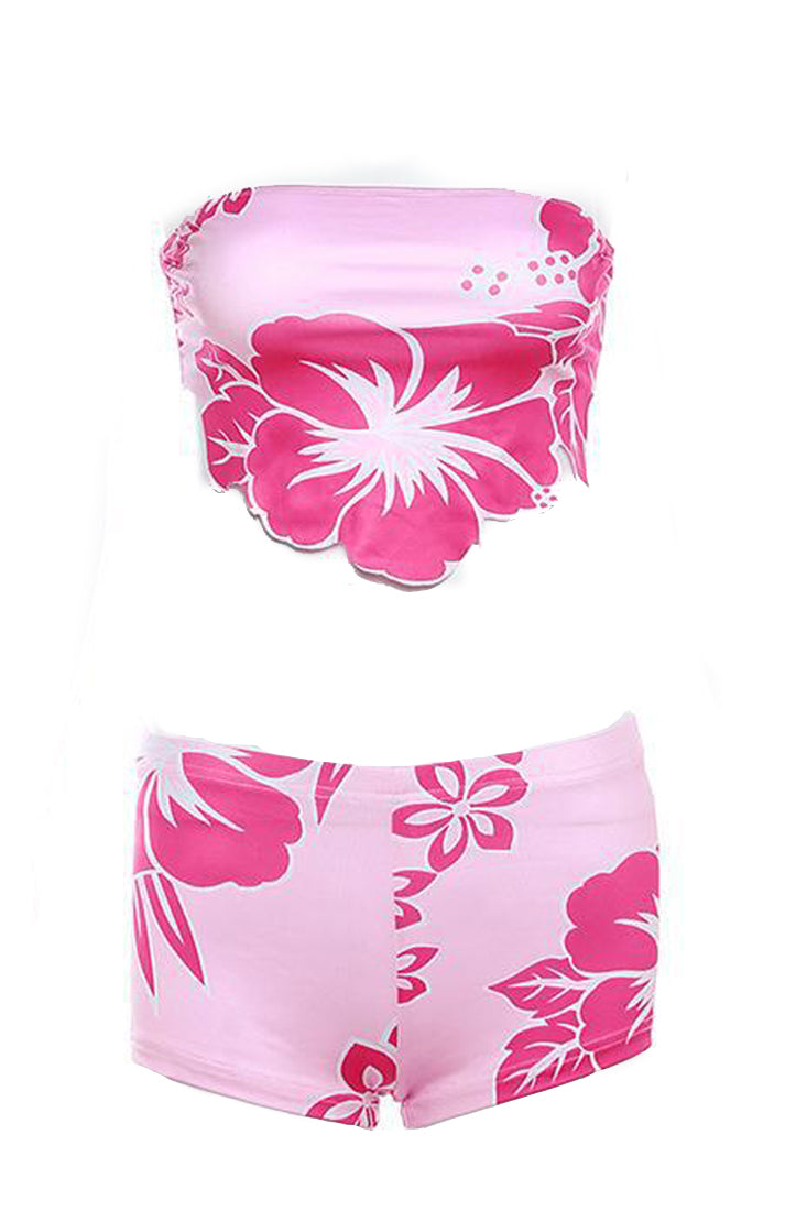 Pink Strapless Top Shorts Hawaiian Flower 3D 2Pc Sexy Vacation Outfit