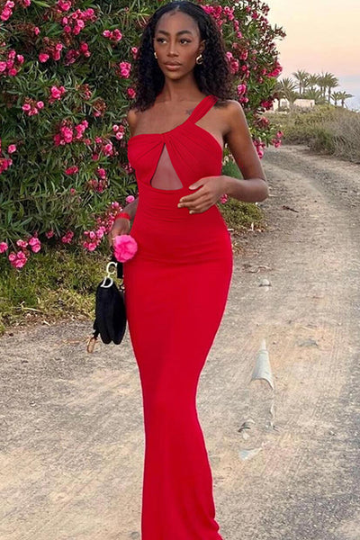 Red One Shoulder Twist Cut-Out Sexy Maxi Party Dress