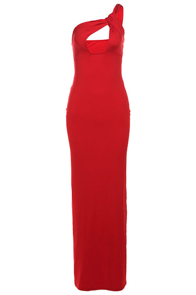 Red One Shoulder Twist Cut-Out Sexy Maxi Party Dress