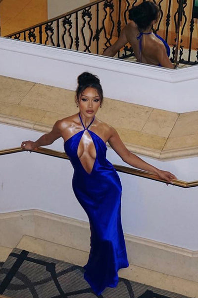 Blue Shiny Plunging Neckline Sexy Backless Maxi Mermaid Party Dress