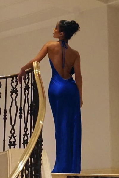 Blue Shiny Plunging Neckline Sexy Backless Maxi Mermaid Party Dress