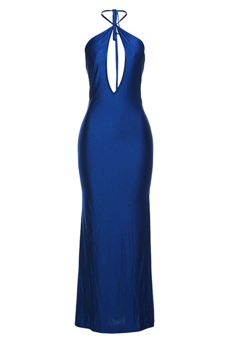 Blue Shiny Plunging Neckline Sexy Backless Maxi Mermaid Party Dress