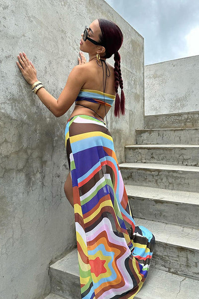 Multi Printed Mesh String Cut-Out Slit Sexy Maxi Dress