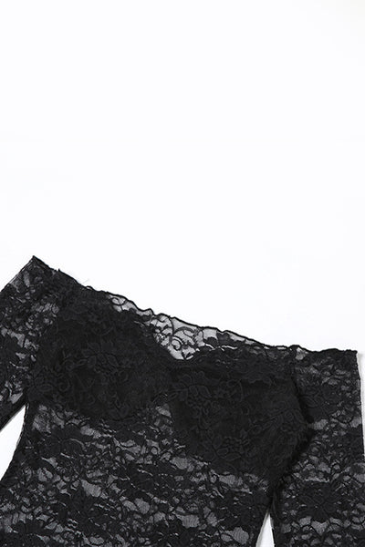 Black Lace Off The Shoulder Long Sleeve Sexy Fitted Stretchy Maxi Dress