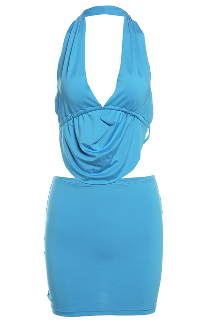 Blue Halter Draw String Drape Top Mini Skirt Sexy 2Pc Dress