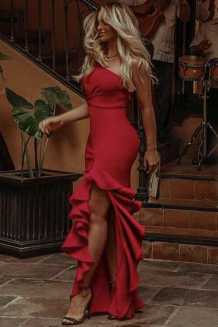 Red One Shoulder Size Twist Ruffle Long Full Length High Slit Sexy Party Dress - AMIClubwear