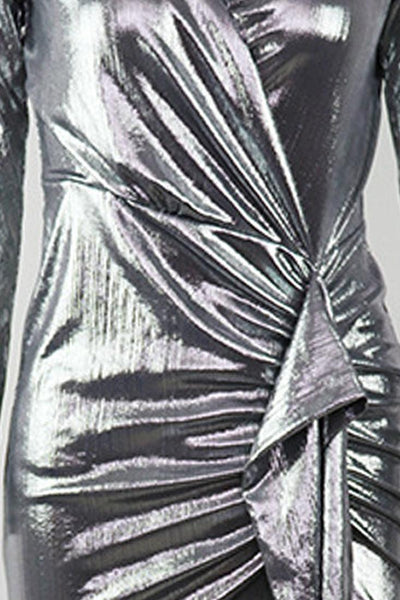 Silver Metallic Long Sleeves V-Nick Drape Sexy Party Dress - AMIClubwear