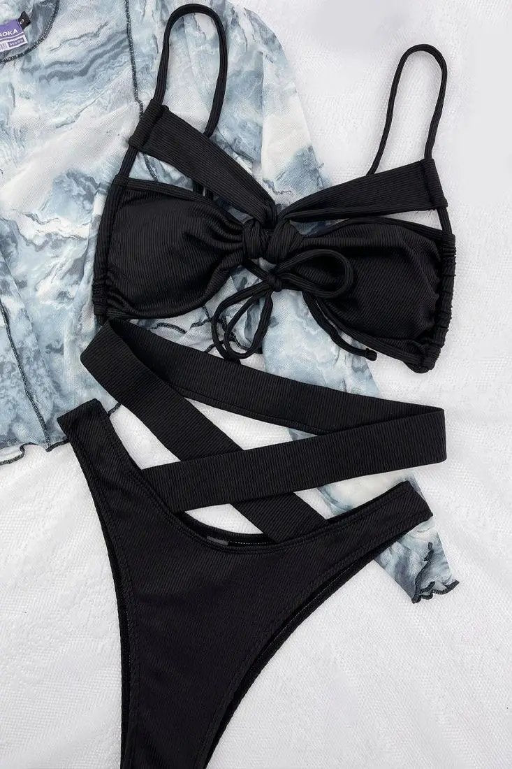 Black Ribbed Thick Strappy Cut-Out High-Waist Cheeky Sexy 2Pc Swimsuit Set