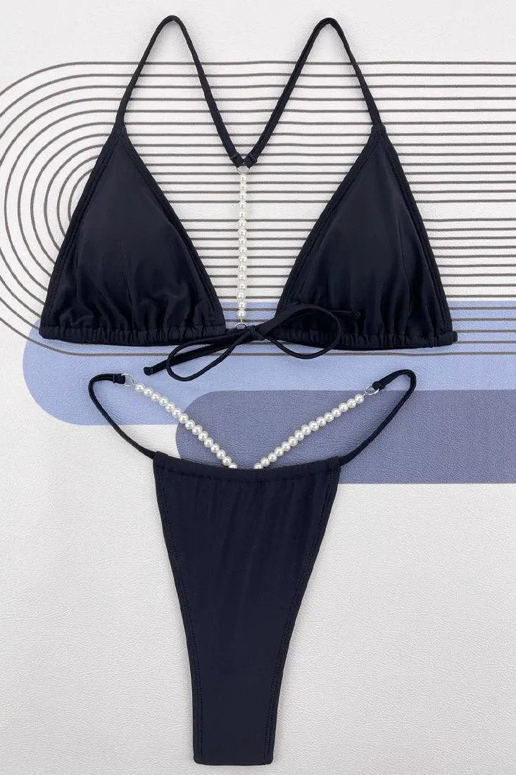 Black Pearl Racer Top Thong Sexy 2Pc Swimsuit Set Bikini