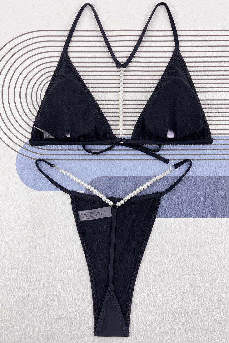 Black Pearl Racer Top Thong Sexy 2Pc Swimsuit Set Bikini - AMIClubwear