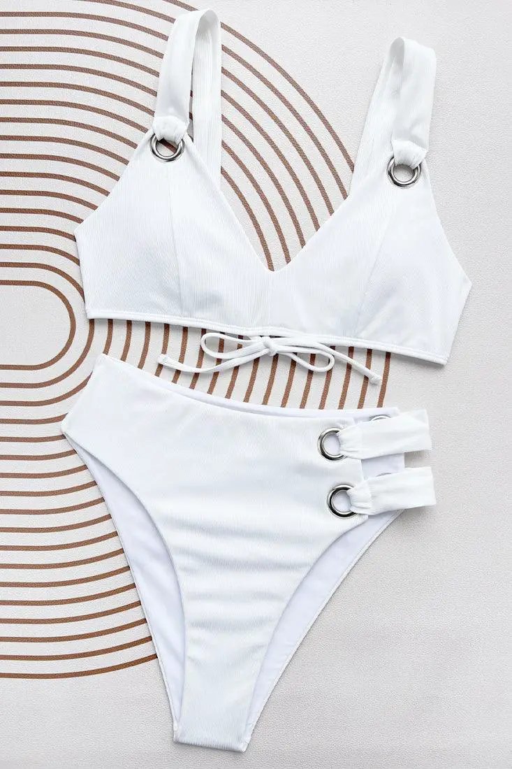 White Ribbed Thigh Straps Removable Pad High Waist 2Pc Swimsuit Set