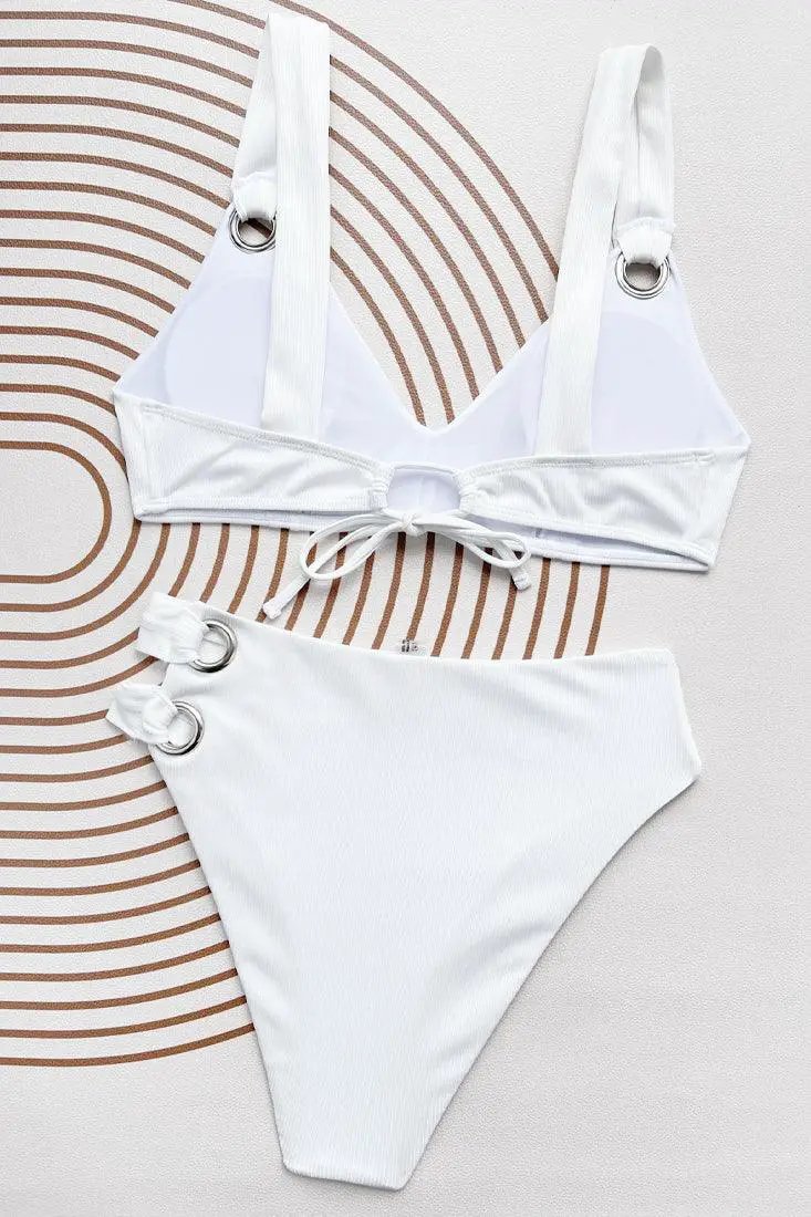White Ribbed Thigh Straps Removable Pad High Waist 2Pc Swimsuit Set