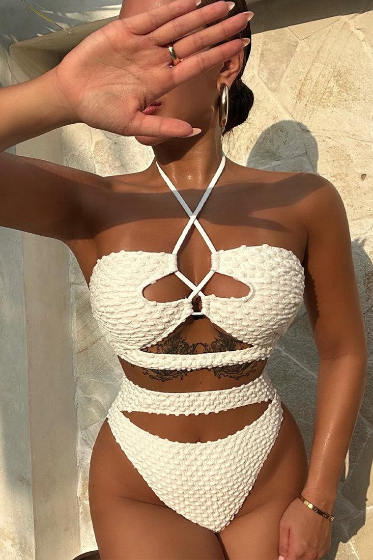 Off White Textured Fabric Strappy High Waist Cheeky 2Pc Swimsuit - AMIClubwear