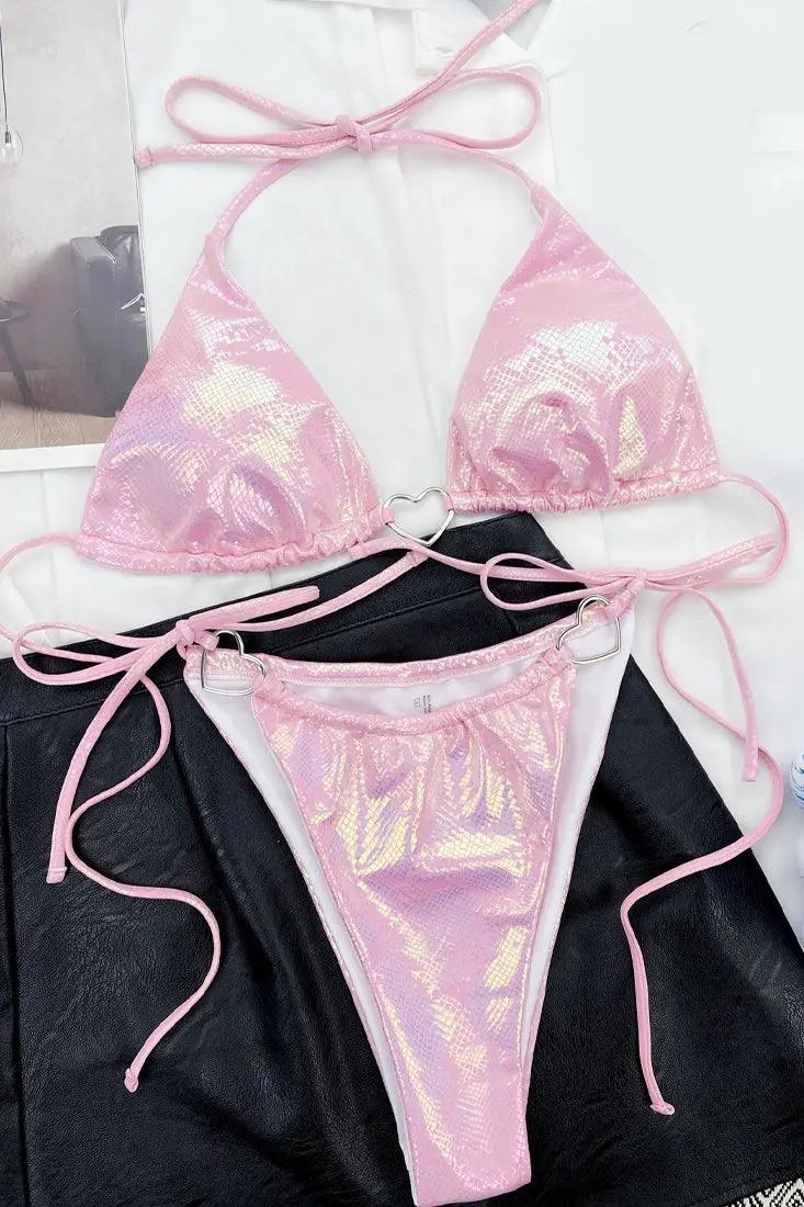 Light Pink Holographic Shiny Snake Heart O-RIng Micro Cheeky 2Pc Bikini Swimsuit Set