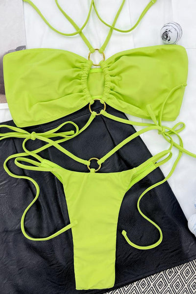 Lime O-Ring Strappy Halter Bandeau Thong 2Pc Swimsuit Set Bikini - AMIClubwear