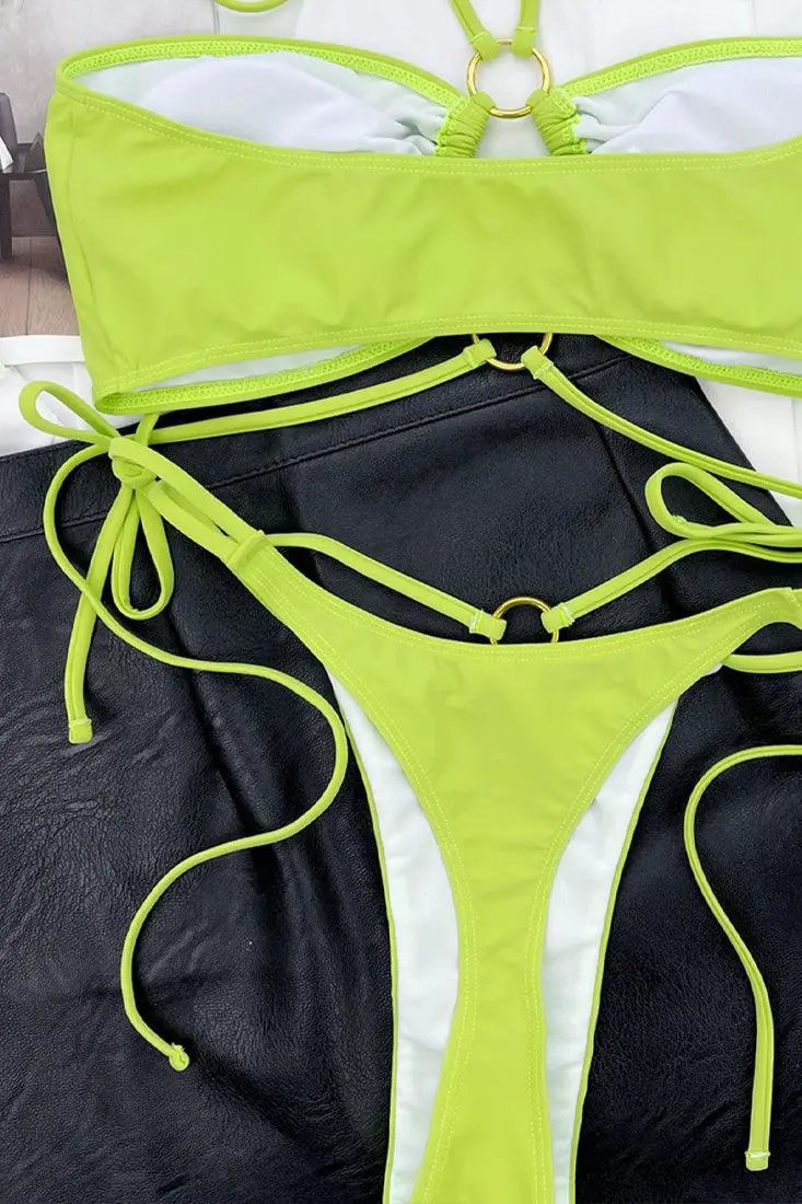 Lime O-Ring Strappy Halter Bandeau Thong 2Pc Swimsuit Set Bikini