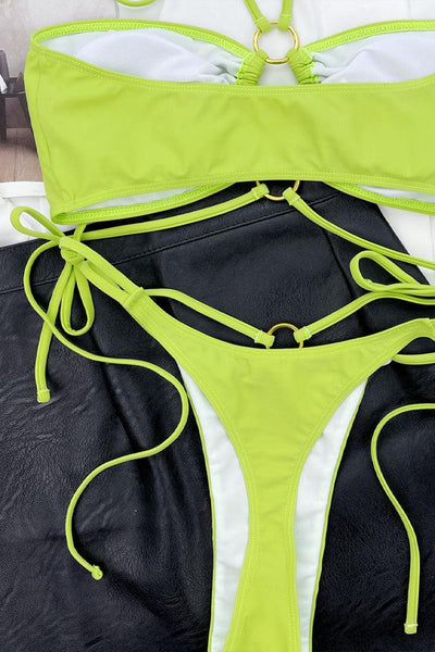 Lime O-Ring Strappy Halter Bandeau Thong 2Pc Swimsuit Set Bikini - AMIClubwear