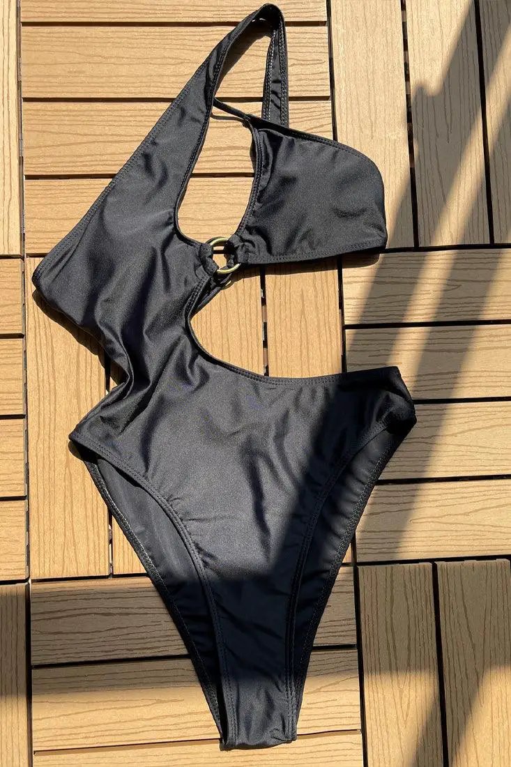 Black One Shoulder Cut-Out Cheeky Sexy 1Pc Swimsuit Monokini