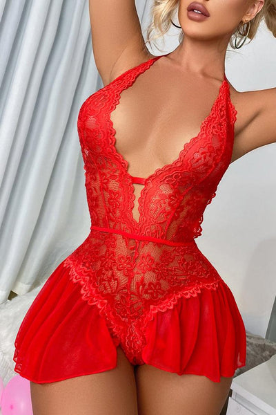 Red Lace Ruffle Crotchless Bodysuit Lingerie - AMIClubwear