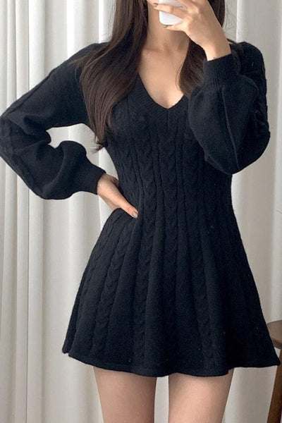 Black Long Sleeves A-Line Waist Cinching Sexy Sweater Dress - AMIClubwear