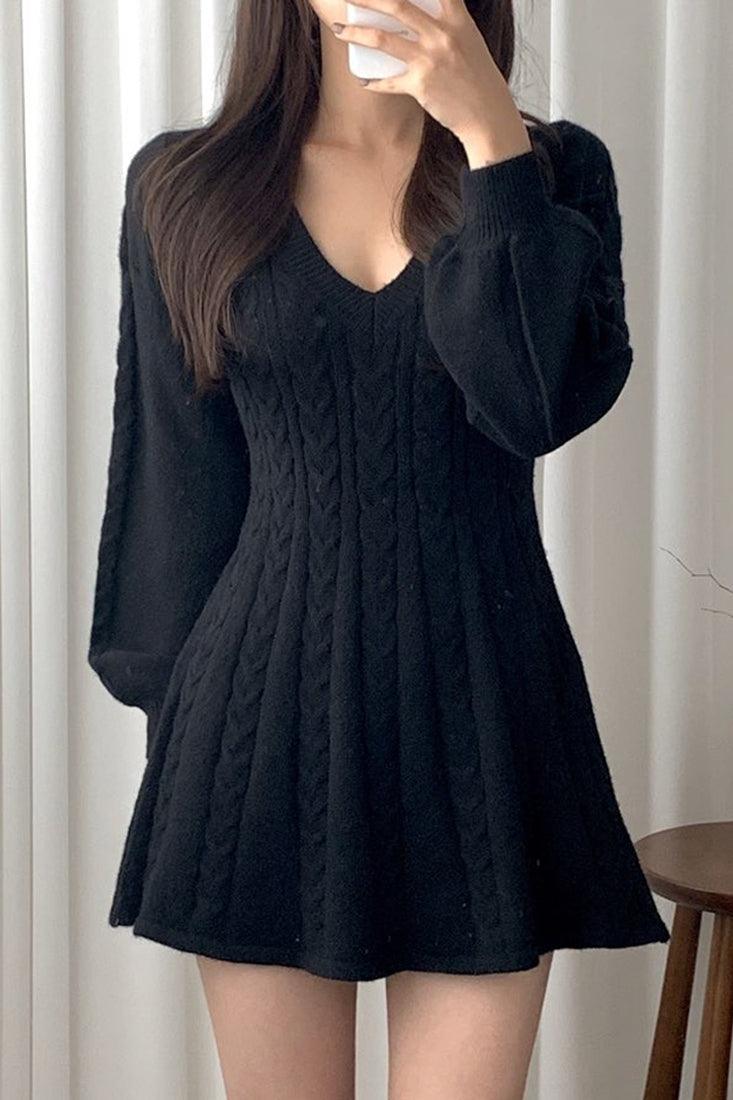 Black Long Sleeves A-Line Waist Cinching Sexy Sweater Dress - AMIClubwear