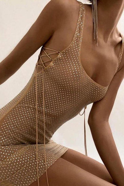 Beige Sheer Mesh Rhinestones Lace-Up Sexy Party Dress - AMIClubwear