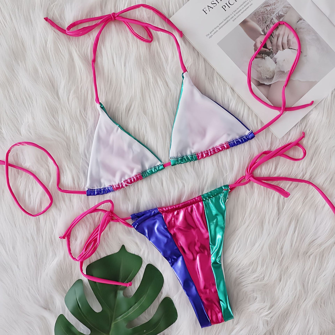 Fuchsia Metallic Color Block Micro Triangle Cheeky 2Pc Sexy Swimsuit Set