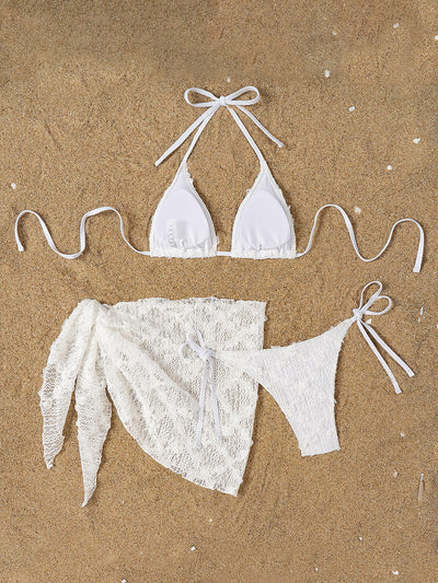 White 3D Rose Fabric Triangle Cheeky Cover-Up Sexy 3Pc Swimsuit Set