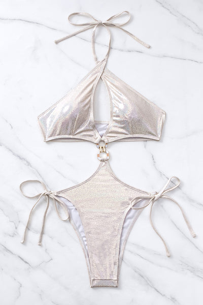 White Metallic Sexy Monokini With Ring Buckle Decor