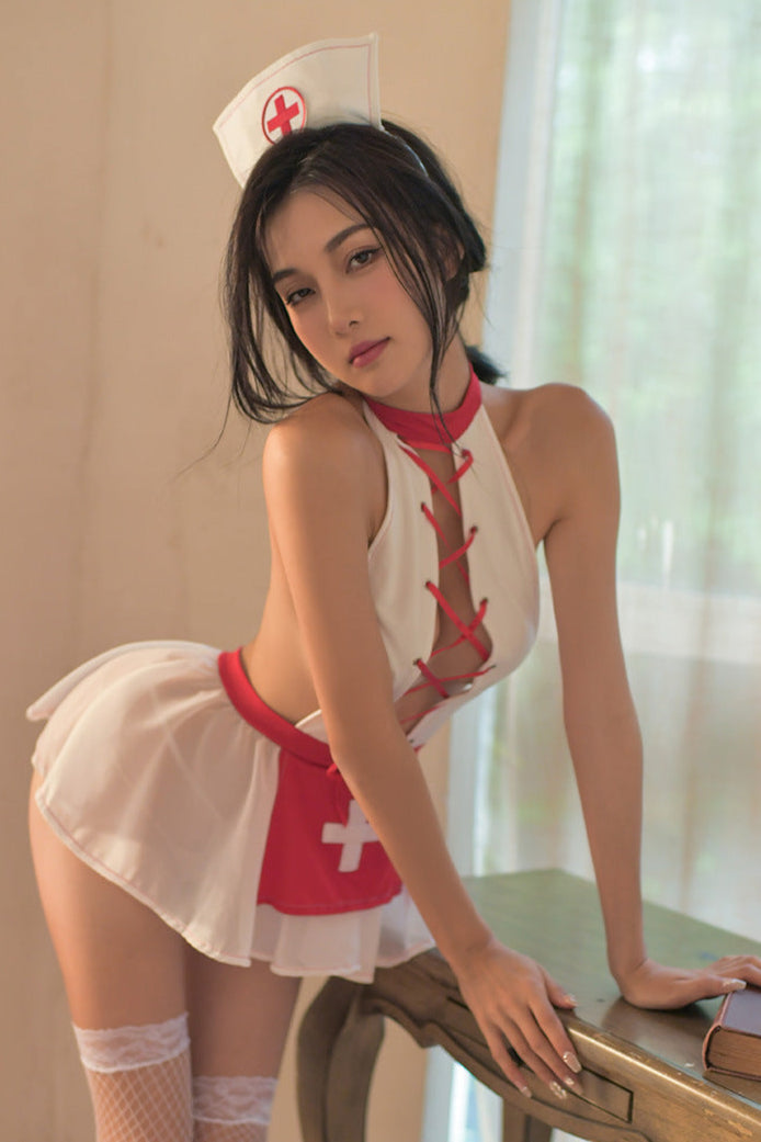 White Red Lace-Up Sexy Nurse Costume