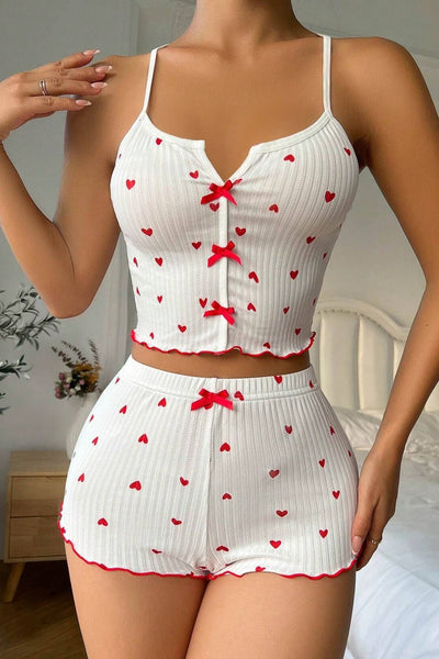 White Red Heart Bow Ruffle Comfy Cami Shorts 2Pc Sexy PJ Set