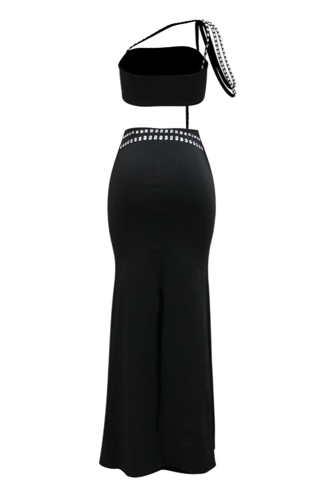 Black Rhinestone Big Gem Strappy 2Pc Maxi Slit Dress Set Outfit