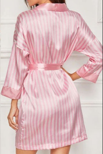 Pink Stripes Satin 2Pc Robe Sexy Lingerie Set