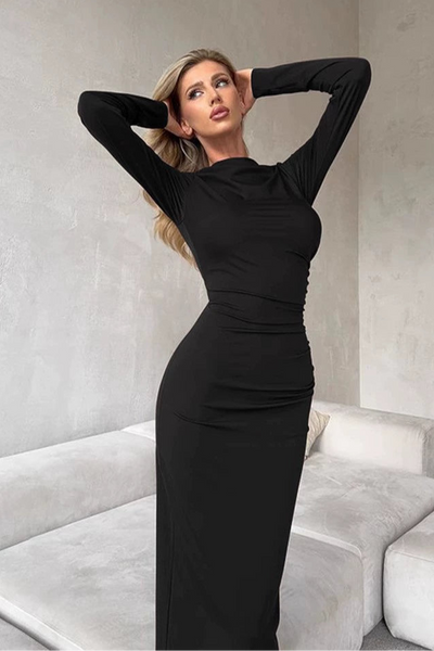 Black Long Sleeves Fitted Back Slit Sexy Midi Party Dress